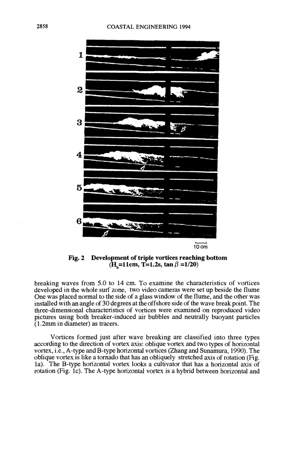 2858 COASTAL ENGINEERING 1994 Fig. 2 10 cm Development of triple vortices reaching bottom (H =llcm, T=1.2s, tanjs =1/20) breaking waves from 5.0 to 14 cm.