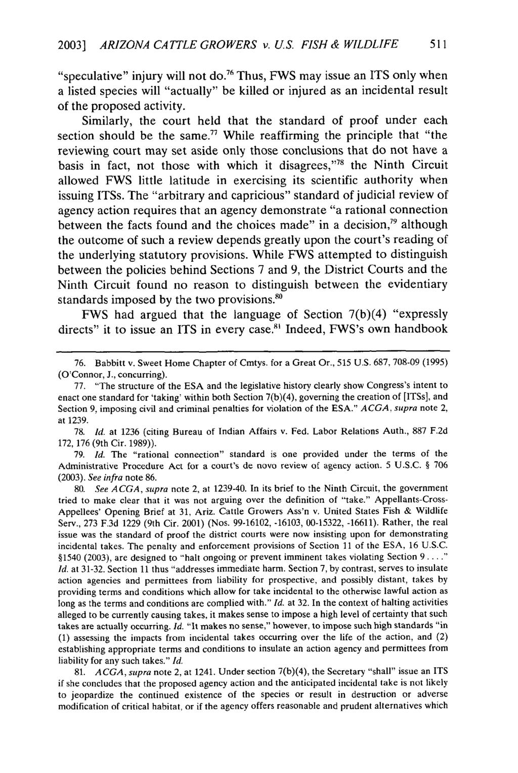 2003] ARIZONA CA TTLE GROWERS v. US. FISH & WILDLIFE 511 "speculative" injury will not do.