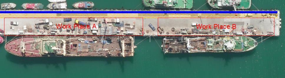 Defining a Vessels Work Zone Area The following is the Rule of Thumb to be followed when setting out your work zone area of the wharf: The area of wharf between the aft most and fwd.