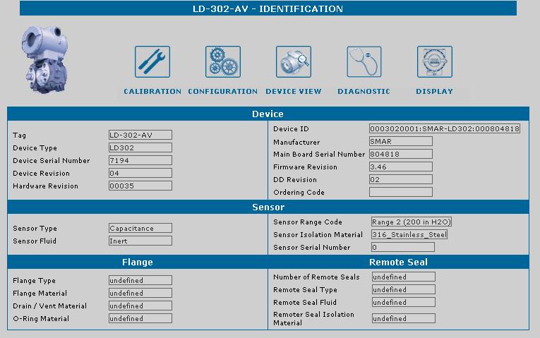 User s Manual LD302 Identification Page This page displays relevant information to the pressure transmitter. The user can easily identify and specify the transmitter in the physical plant. Figure 2.