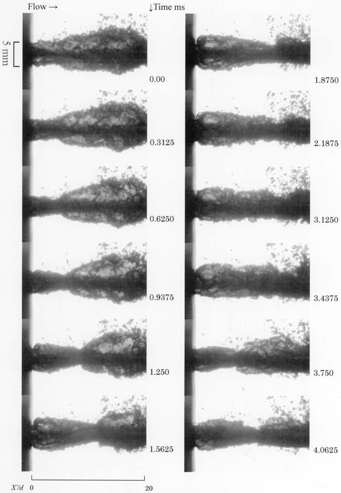 Figure 5 High-speed video images of an air-coated water jet issuing from a sheathed nozzle (L sheath /d = 16, Q air = 20 L/min, p i = 10 MPa) In order to investigate the effect of the ventilation on