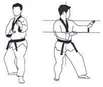 Knifehand middle block ( Sonnal makki ) Preparatory position - Blocking hand placed over the waist in knifehand form with palm facing upward - Supporting hand positioned backward in knifehand form
