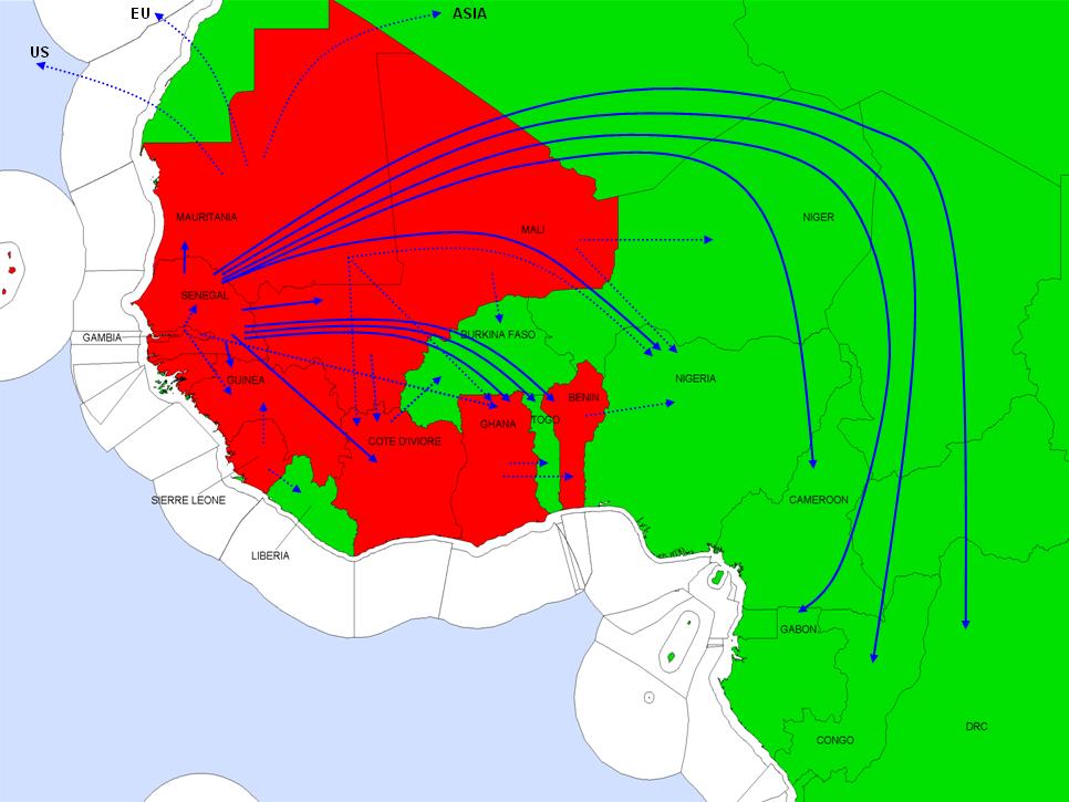 Figure 2 illustrates the major fish trading routes in the West African region.