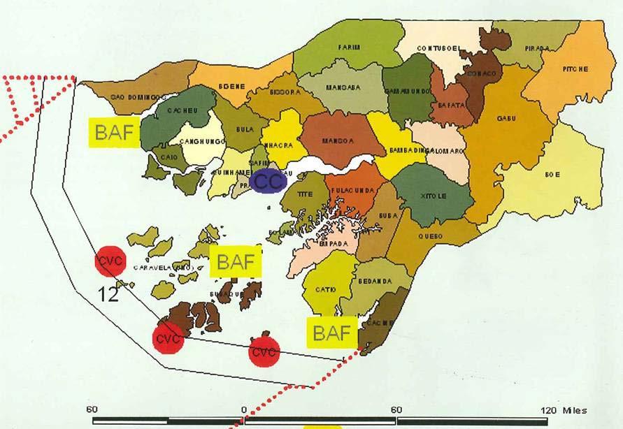 Figure 9 Location of the Advanced Surveillance Bases (BAF), Coastal Surveillance Centres (CVC) and Surveillance Headquarters (CC) in Guinea-Bissau. 3.7.