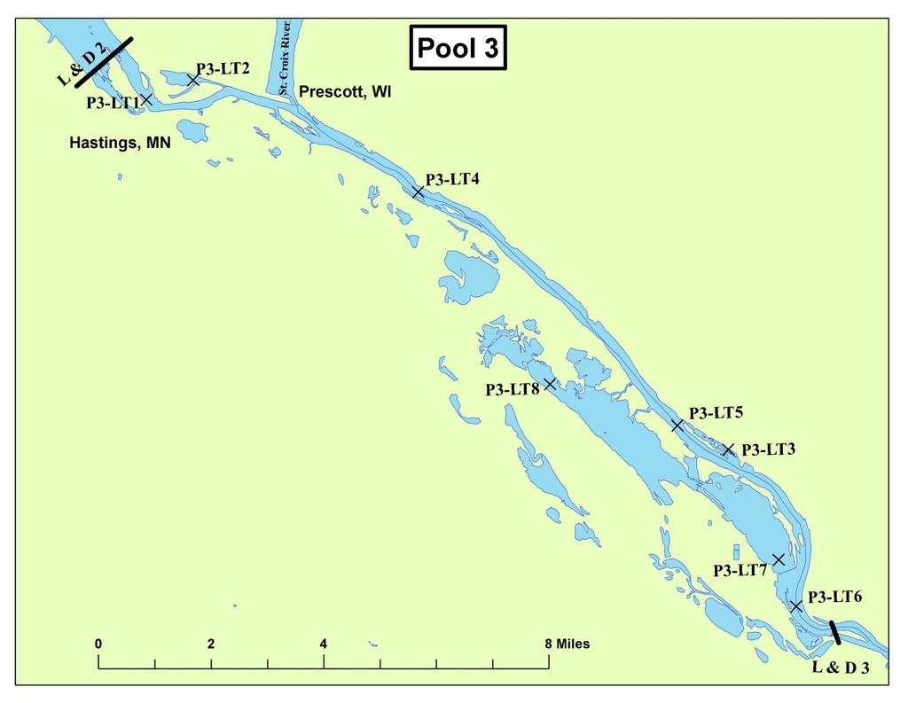Figure 3. Standardized larval fish trawling (LT1-LT8) locations on Pool 3 (P3).