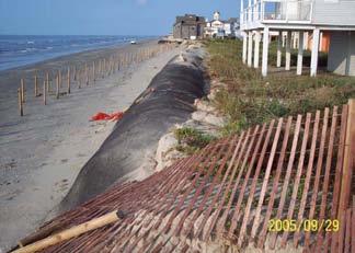 Geotextile tubes along Galveston Island and Bolivar Peninsula were installed beginning in 1999 as a stop-gap measure to stem beach retreat and for protection from storm surge (Gibeaut et al. 2002).