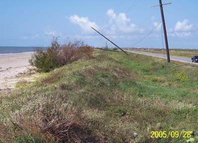 Figure 29. Power poles lying in the offshore direction along Bolivar Peninsula. Closer to landfall the uninhabited shoreline from High Island to Sabine Pass (Fig.
