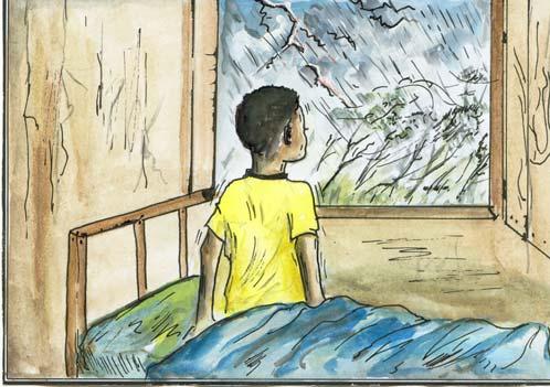 One night, as Safari was about to go to bed, it started raining. Safari sat on his bed and looked out through the window to watch the rain.