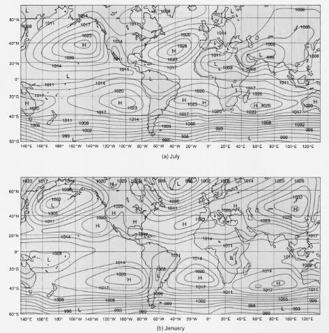 3. Seasonal changes in wind patterns and pressure zones over continents and oceans Semi-permanent seasonal zones of