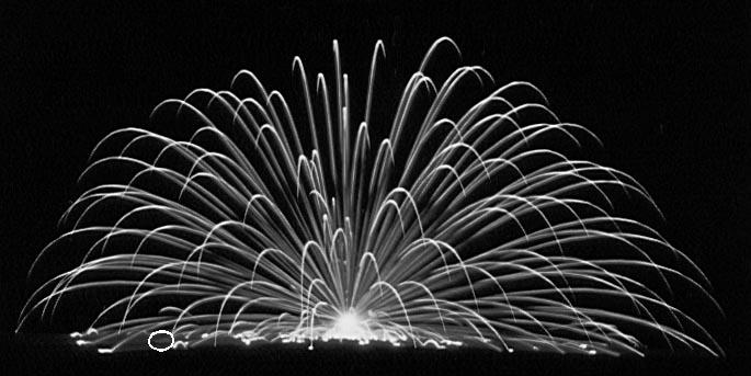 Set- or ground-piece devices produce showers of colored sparks, glowing letters or figures, or spinning fireworks near ground level. (See Figures 6 and 7.