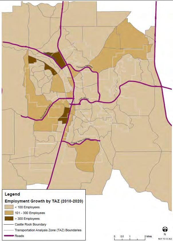 Figure 3 4 shows that the greatest employment growth is expected to take place in the northwest section of the Town, within the areas near the Outlet Mall and the Centura Hospital.