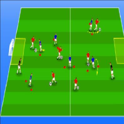 Play 4 rounds of 30-45 seconds. Combine coaches and players. Combine different players at each round. Play more than one group linked (Variation above).