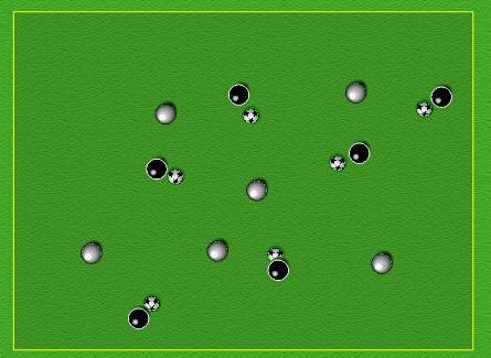 PLAN: 13 TOPIC: Pass and move 2 20 x 30 yds. 6 Balls. 6 white, 6 black Players with the ball pass then move into space ready to receive the ball. Different passes inside, outside, swerve.