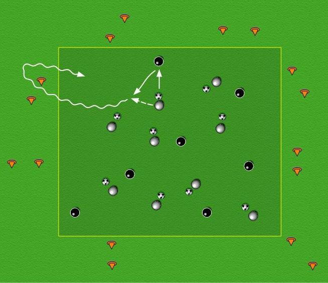 PLAN: 17 TOPIC: Running with the ball 3 45 x 45. 9 players with a ball and 7 without a ball. Coned goals on the outside of the area at different angles.