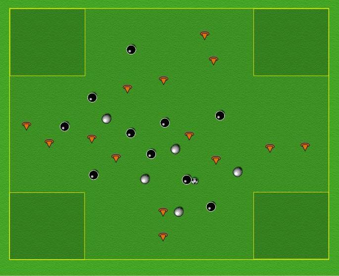 As the pass is traveling their other teammate runs for the pass into the squared areas. Sequence starts again. As the ball is travelling to you, look where you are going to turn.
