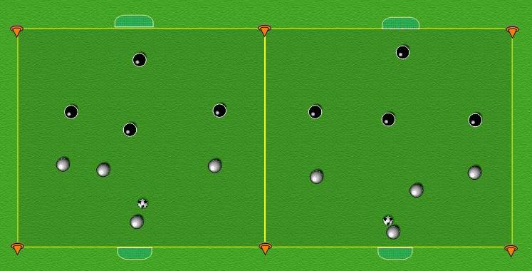 Knowing when to attack. Communication. Create space. Two 20 x 20 yard boxes side by side. Each box starts with 4 v 4. 1 ball in each box.