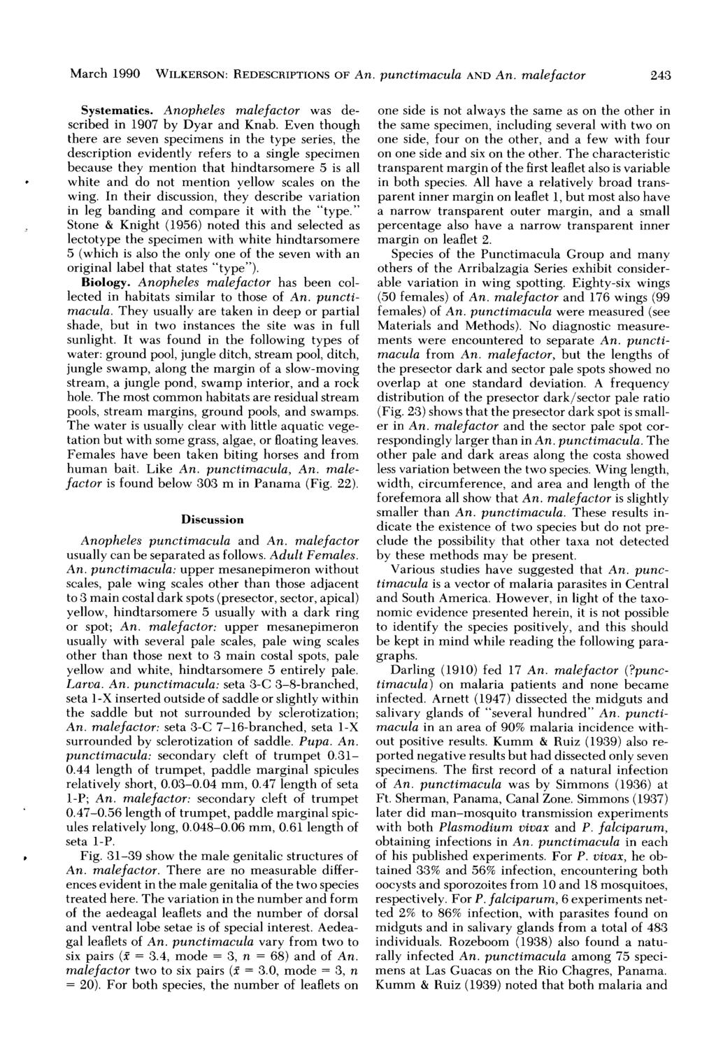 March 1990 WILKERSON: REDESCRIPTIONS OF An. punctimacula AND An. malefactor 243 Systematics. Anopheles malefactor was described in 1907 by Dyar and Knab.
