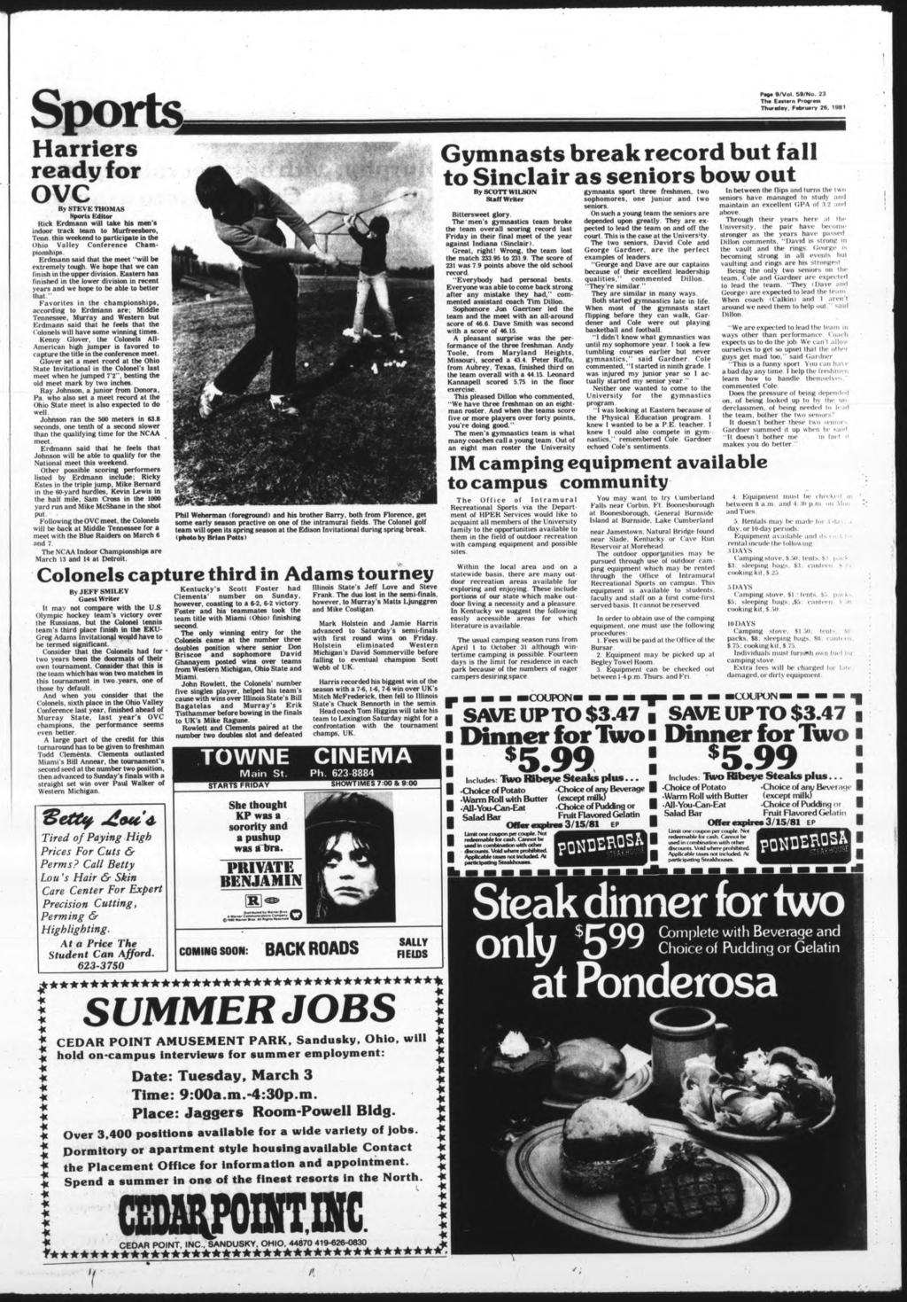 P«9«9/Vol. 59/No. 23 Th«Eattarn PtOfn* Thursday. FabxMry 28. 1981 Harrers ready for OVC By STEVE THOMAS Sports Edtor Kck Krdmann wll take hs men's ndoor track team to Murfreesboro, Tcnn.