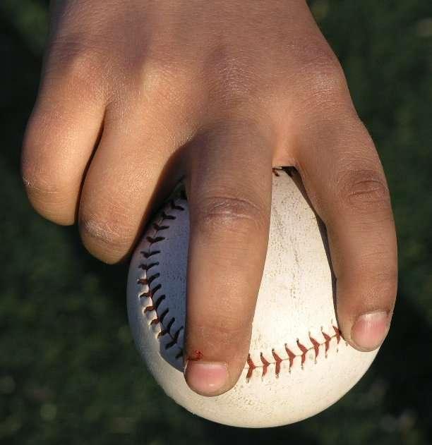 THROWING Proper Grip: Place the index and middle finger (and the ring/fourth finger if the hand is too small in the middle picture above) across the seams