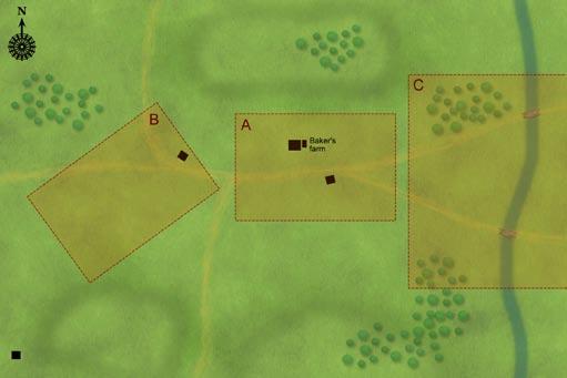 ACW TACTICAL MAP: The map above is loosely based on the 1st Bull Run but with a few major changes. In the scenario included in this magazine we focus on Section A, around Baker s Farm.