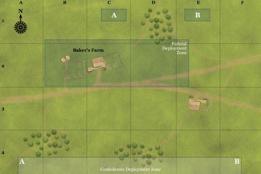 SCENARIO A MAP: This game is designed for a 6 x 4 gaming table and as you can see the Federal Troops start the game deployed in and around the farm complex.