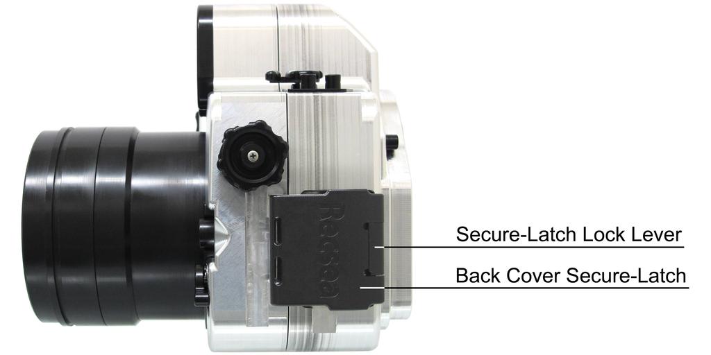 To OPEN, press Lock Lever on both sides of the housing while pulling Secure-Latch away from housing back cover.