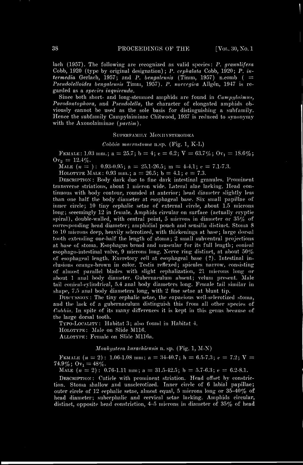 38 PROCEEDINGS OF THE [VOL. 30, No. 1 lack (1957). The following are recognized as valid species: P. granulifera Cobb, 1920 (type by original designation) ; P. eepnalata Cobb, 1920; P.