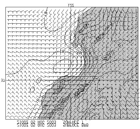 Figure 11. Horizontal surface plot of temperature ( o C) and wind speed (knots) for 05 August 2003 at 21Z. C. COMPARATIVE CASE STUDIES 1. Comparison Case One: 05 vs.