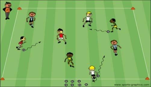 The minnows are in one end of the grid with their soccer balls. When the coach says GO the minnows try to dribble to the other end of the grid and the sharks are trying to kick the ball out.