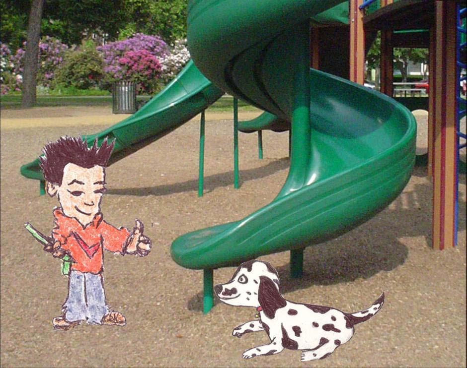 Sparky trots towards the slide and finds Jake climbing up the steps. Sparky walks up to Jake and asks, Do you know where I can find my engineer?