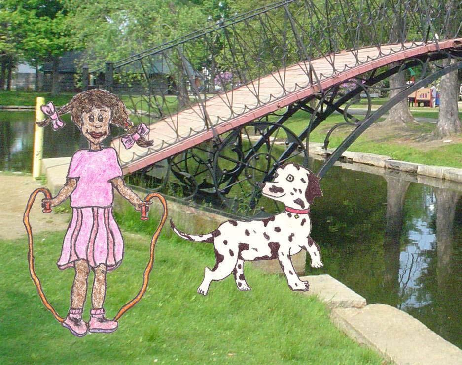 Sparky walks across a bridge that was built over a small stream and stops in front of a large white house. He finds Megan jumping rope in her back yard.