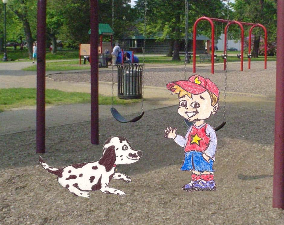 Sparky enters the park and finds Kevin on the swings. He asks, Do you know where I can find my engineer? Jumping off of the swing, Kevin says, My mom is an engineer.