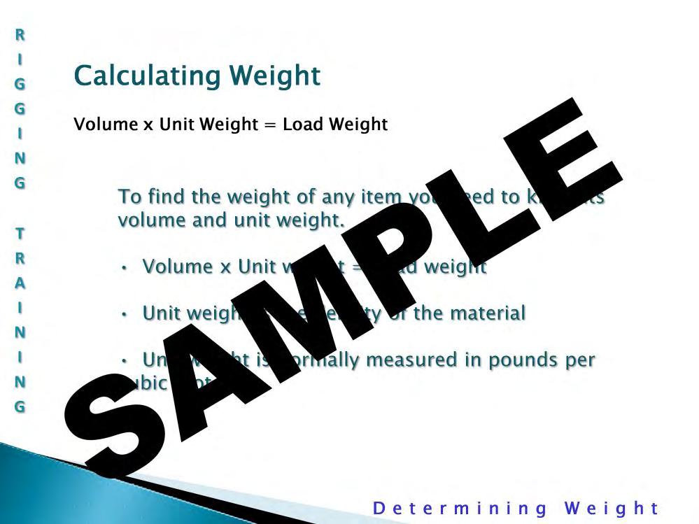 Calculating Weight: To find the weight of any item you need to know its volume and unit weight and multiply them together.