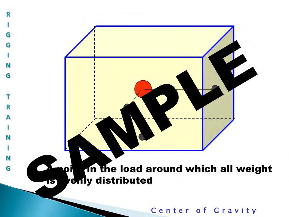Center of Gravity: *The center of gravity (CG) as it pertains to rigging, is the center of the load s weight distribution or the point in the load around which all weight is evenly distributed, no