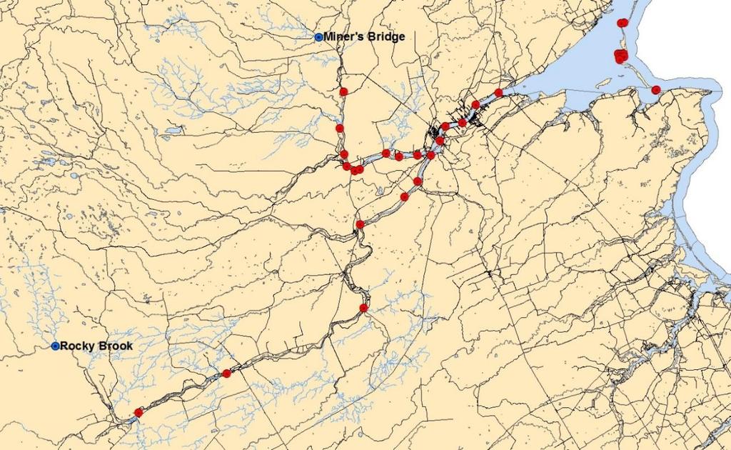 10km Figure 6a. Acoustic receiver locations (red dots) in the Miramichi River and Bay in 2015.