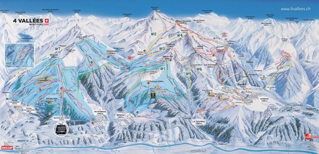 Ski ressort «4 Vallées» The largest ski resort in Switzerland and, 3rd in Europe 400 km of ski slope all levels, 93 ski lifts, 214 snow-blowers The famous «Piste de l Ours» and its 30 World Cups