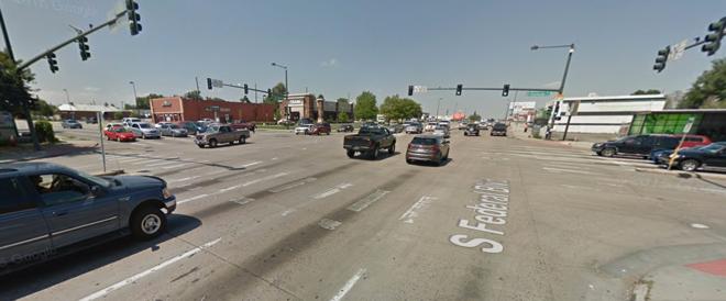 Wider crossings are located along Alameda Ave, which is four to six lanes wide at most intersections, and along Federal Blvd, which is six to