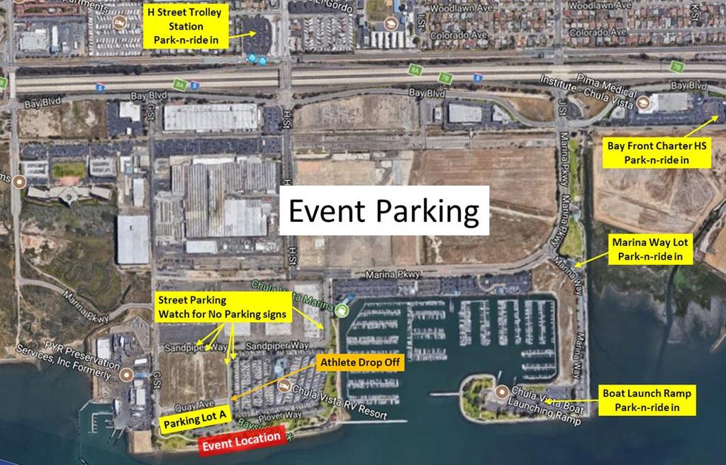 Parking Map and Instructions Event Location: Bayside Park, 999 Bayside Parkway, Chula Vista, CA 91910 ALL Racers Including ALL MINI and ITSY BITSY Should be at Race Venue before 7:45 am - this is