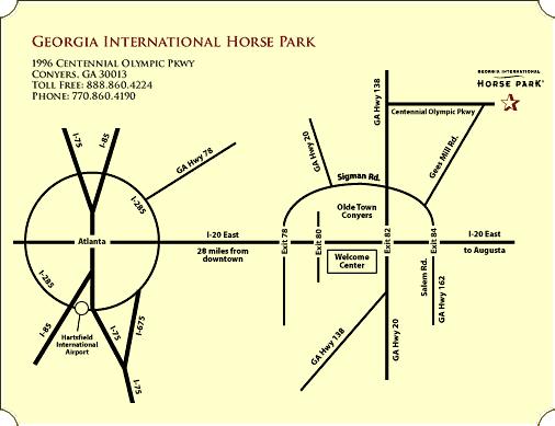 DIRECTIONS TO THE HORSE PARK FROM I-285 - ATLANTA, TRAVEL EAST ON INTERSTATE 20 Take Exit 82 off Interstate 20 in Conyers. Travel North approximately 4 miles.