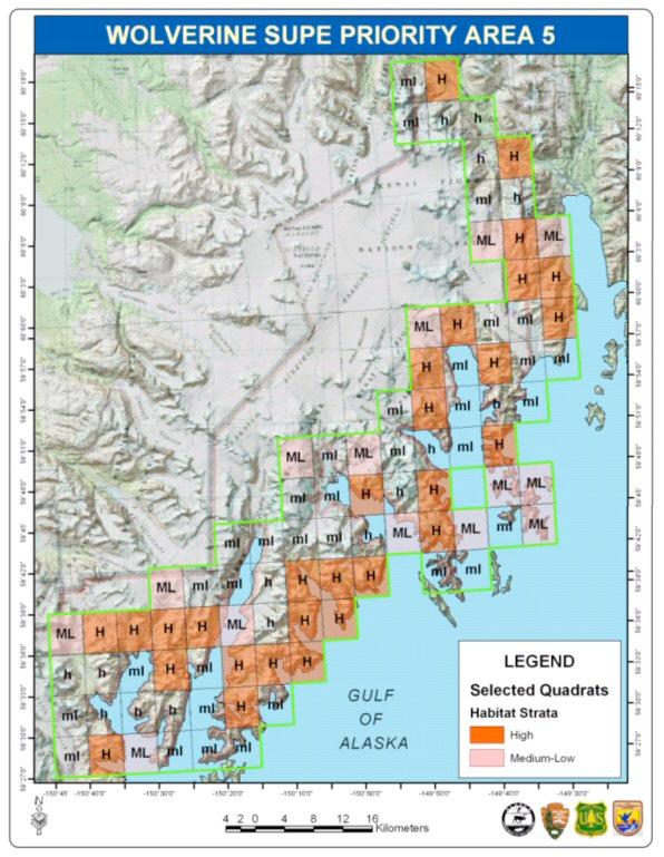 Figure 6. Sampling effort for the wolverine SUPE survey in Kenai Fjords (Priority Area #5).