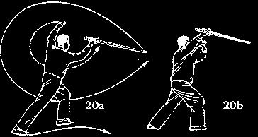20. Parrying in a Right Bow Stance (20a-20b) This movement, #20, has various names: Parrying in Right Bow Stance, Block with Right Bow Step, Obstruct Sword with Right Bow Stance, Dusting in the Wind.