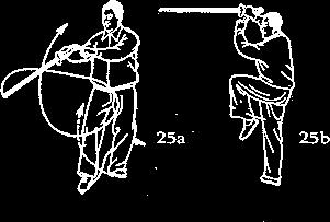 25. Lifting the Door Curtain (25a-25b) This movement, #25, has various names: Standing on One Leg and Lifting Sword, Independent Level Support, Hold Sword with One Leg Up, Hook Up the Curtain,