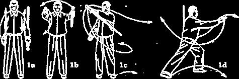 The left hand is down along the left hip, with the sword being held in the reversed holding position (fanwo).