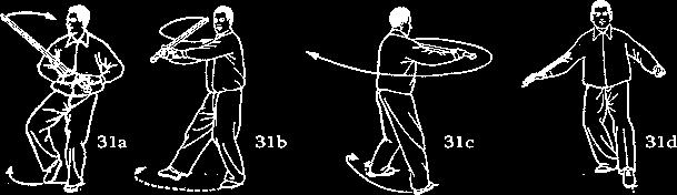in a counter-clockwise arc toward the left so as to bring the sword to shoulder height, blade tip pointed to E3 (29b). The left sword finger is drawn toward the right to the right shoulder.