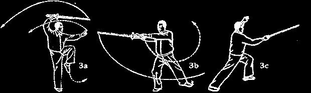 Begin by stepping back (2a) with the right leg with foot at N12 (2b). Draw sword in arc down to point to NE1. Raise sword to point directly upward. Turn torso to look to NE1 (2c).