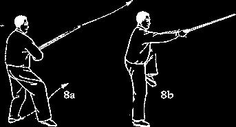 Withdrawing Sword in Empty Stance, Sword Withdraws and Feet Retire, Embrace the Moon. Begin by lowering the left leg and stepping back (7a) with left foot.