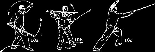 (9b). As the leg is draw back move the sword in a counterclockwise arc downward (slicing downward) so that the sword ends up pointing towards NW 11, and the sword hand's palm is facing down (9b).