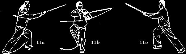 The body is turned at the waist toward NW10 (9b). In position 9b, the sword blade edge is held in a angled or slanted position relative to the floor. The eyes look to NW10.