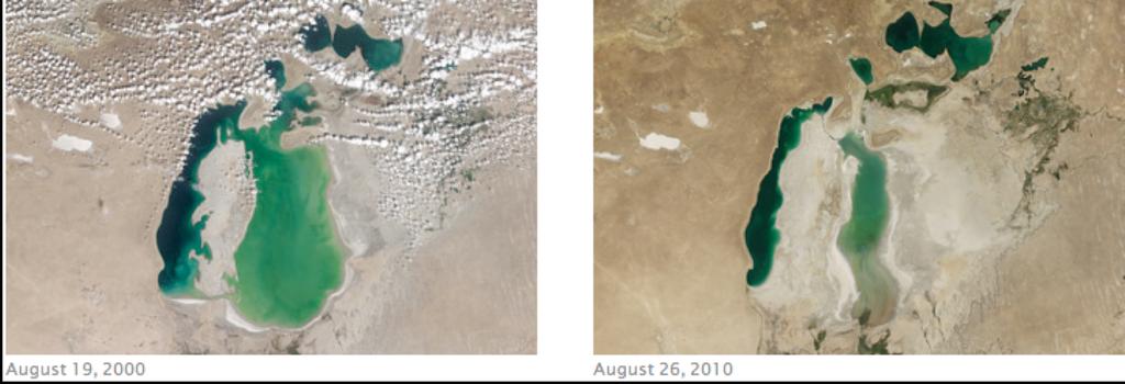 As shown in these satellite images, the Aral Sea