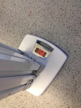 was weighed on the scale (134.8lbs) before holding all the components and stepping on the scale. A.J.